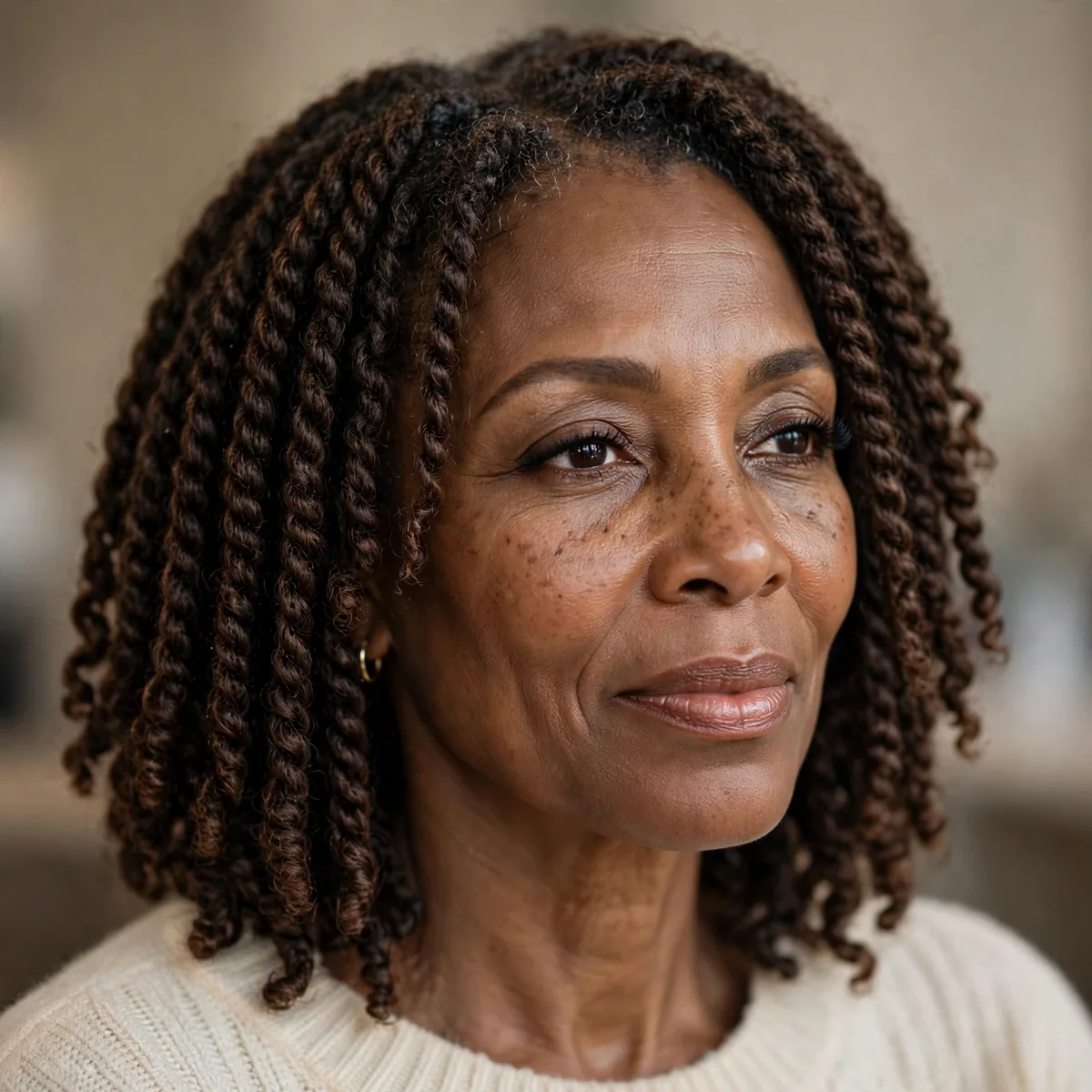 Soft shoulder-length passion twists on mature Black woman