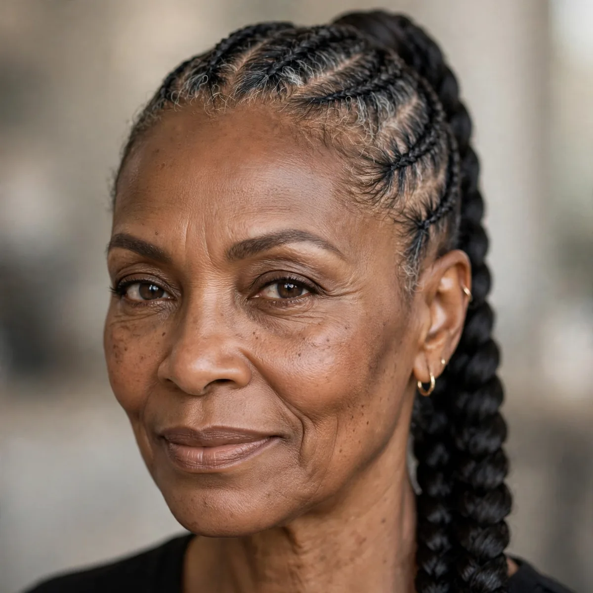 Sleek feed-in braided ponytail on older Black woman
