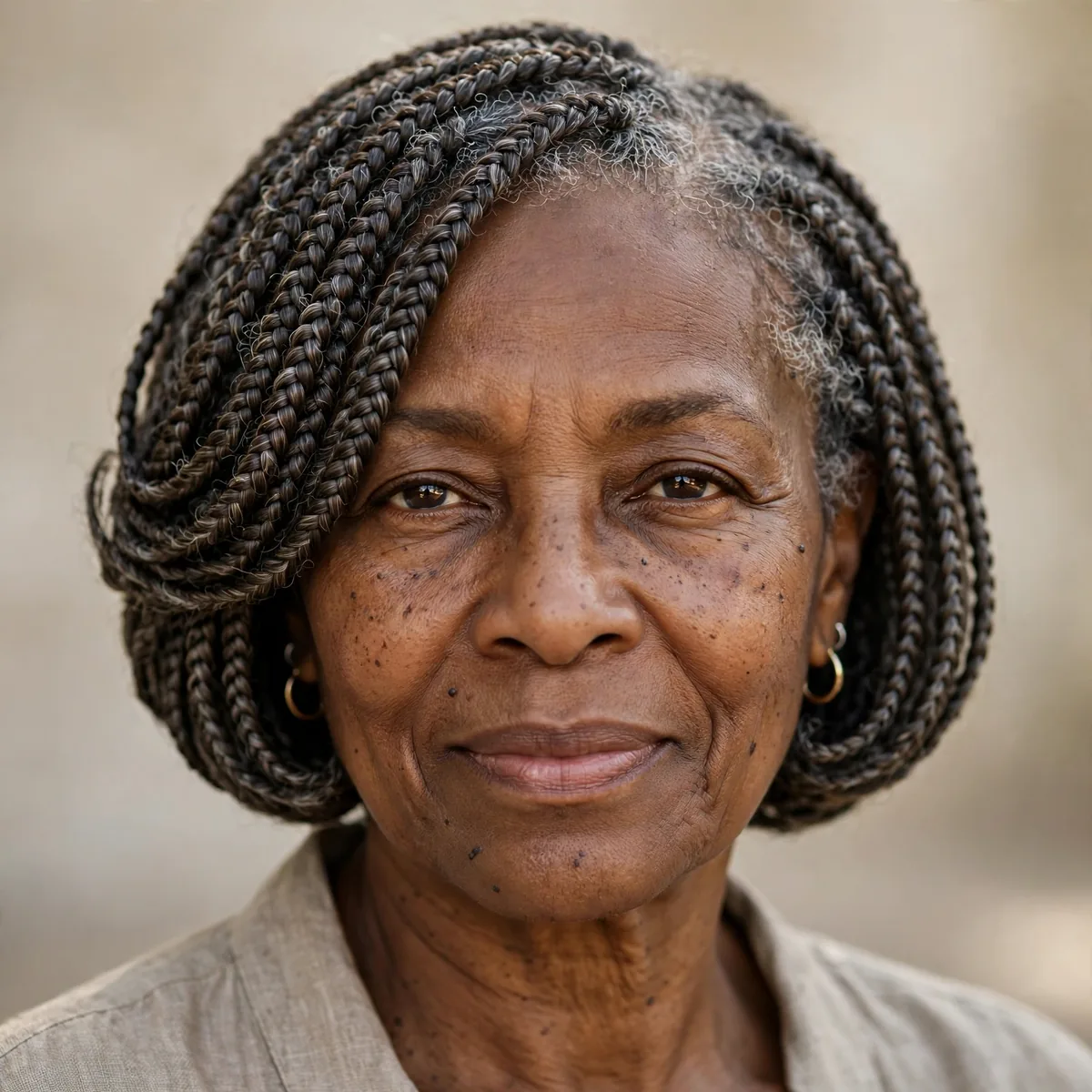 Chic braided bob hairstyle on older Black woman