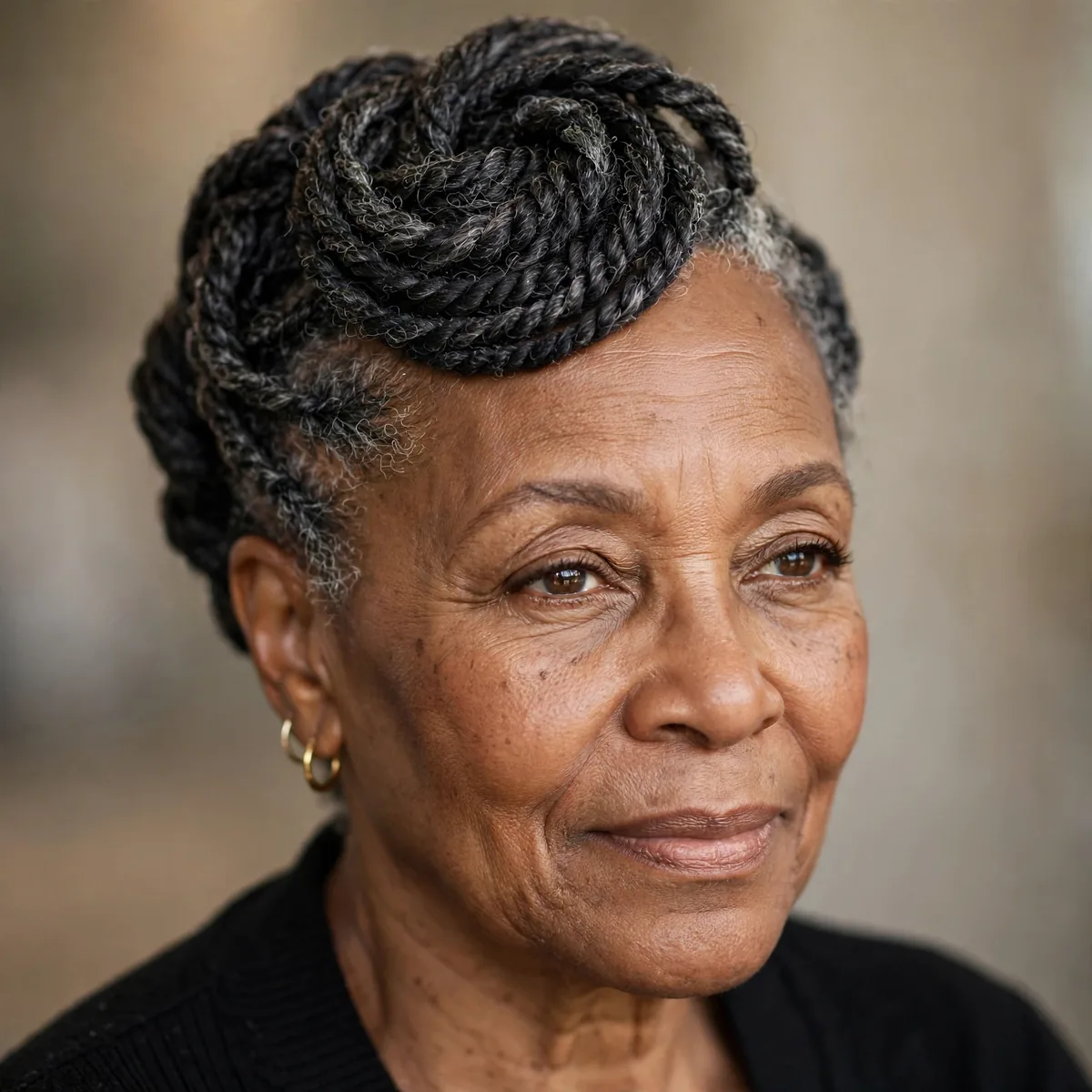 Elegant flat-twist updo on older Black woman