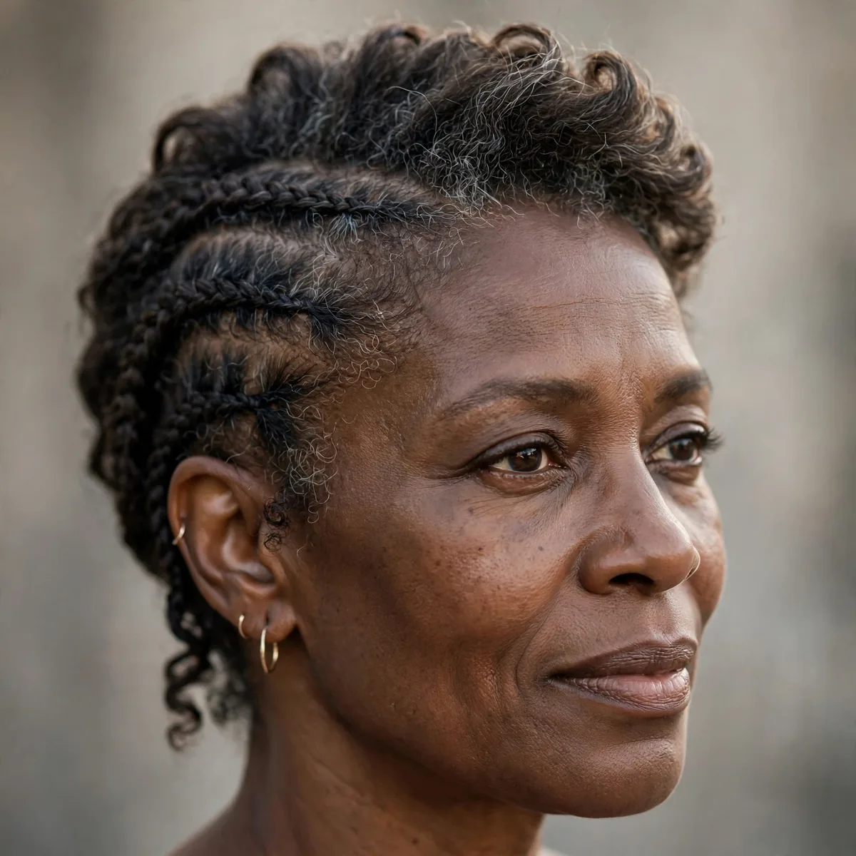 Soft braided faux hawk style on mature Black woman