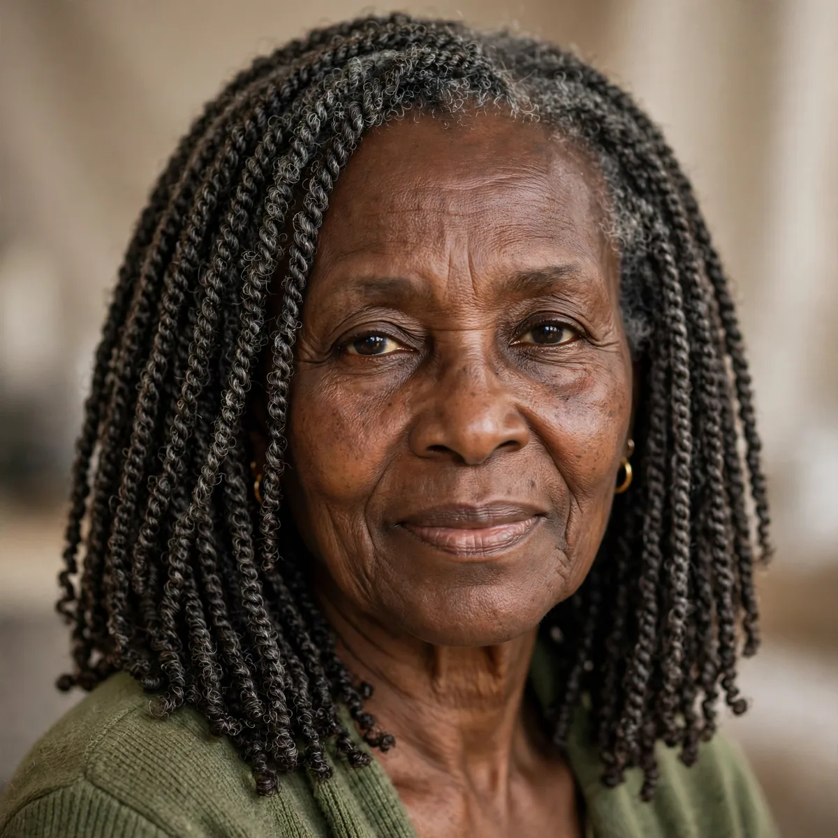 Shoulder-length Senegalese twists on older Black woman