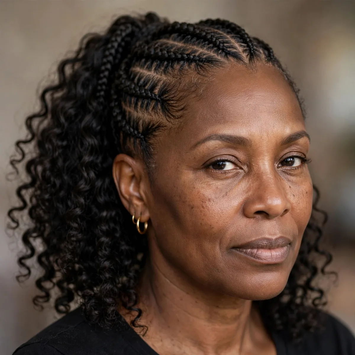 Cornrow ponytail with curly ends on mature Black woman