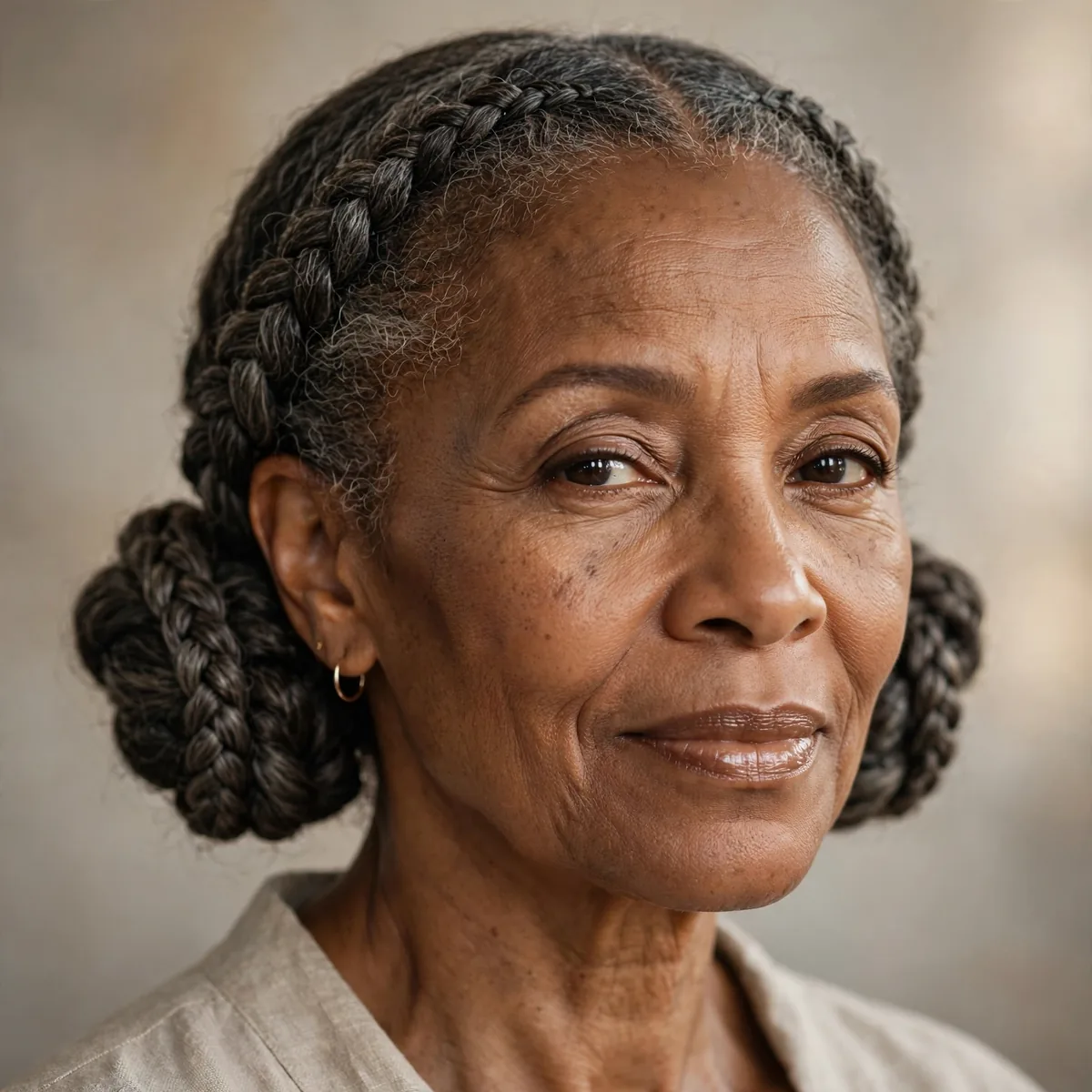 Low elegant braided space buns on older Black woman