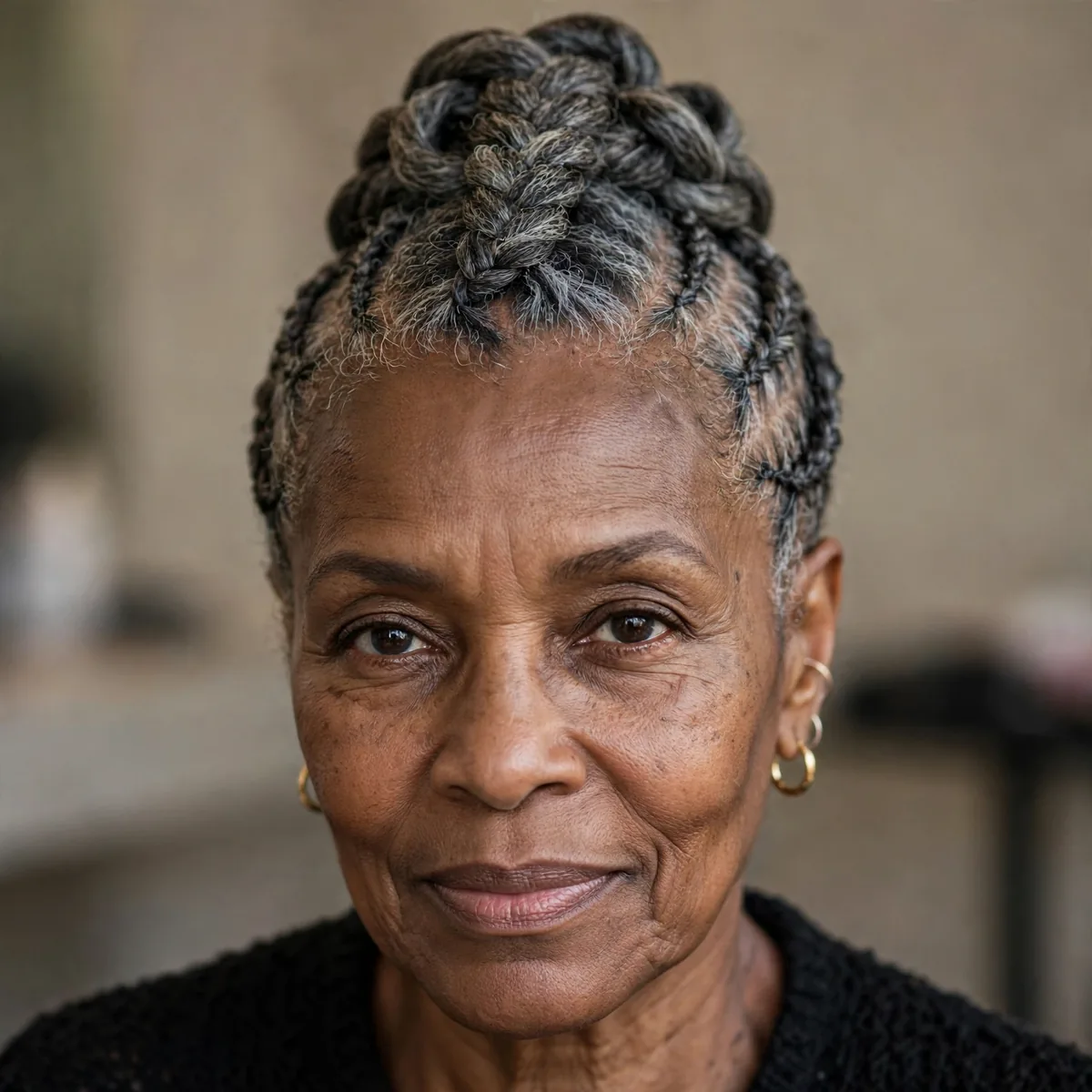 Elegant braided mohawk updo on older Black woman
