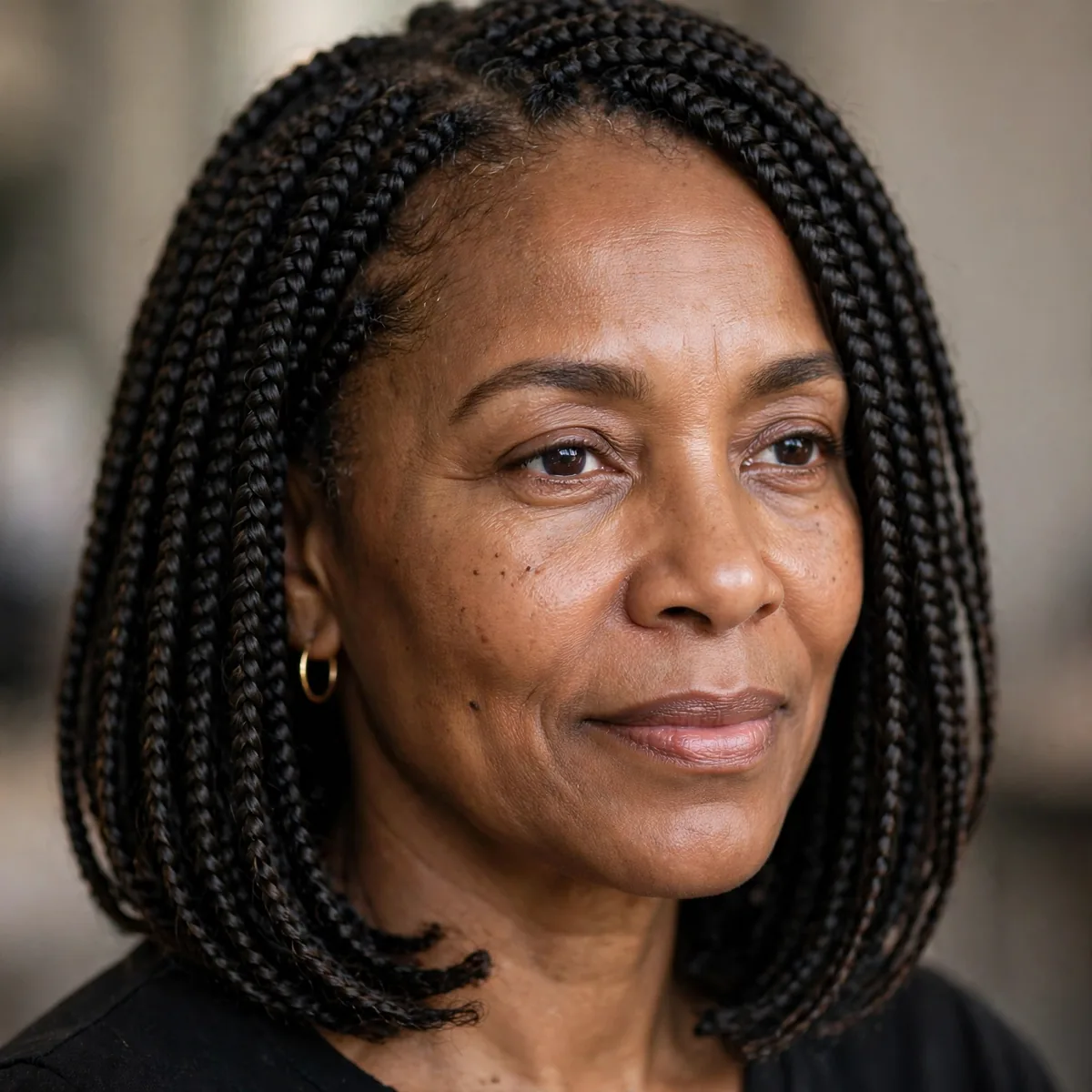 Classic shoulder-length box braids on mature Black woman