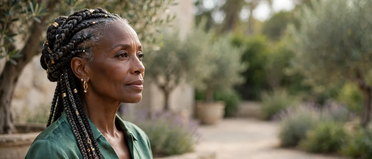 Regal older Black woman over 50 with elegant braided hairstyle