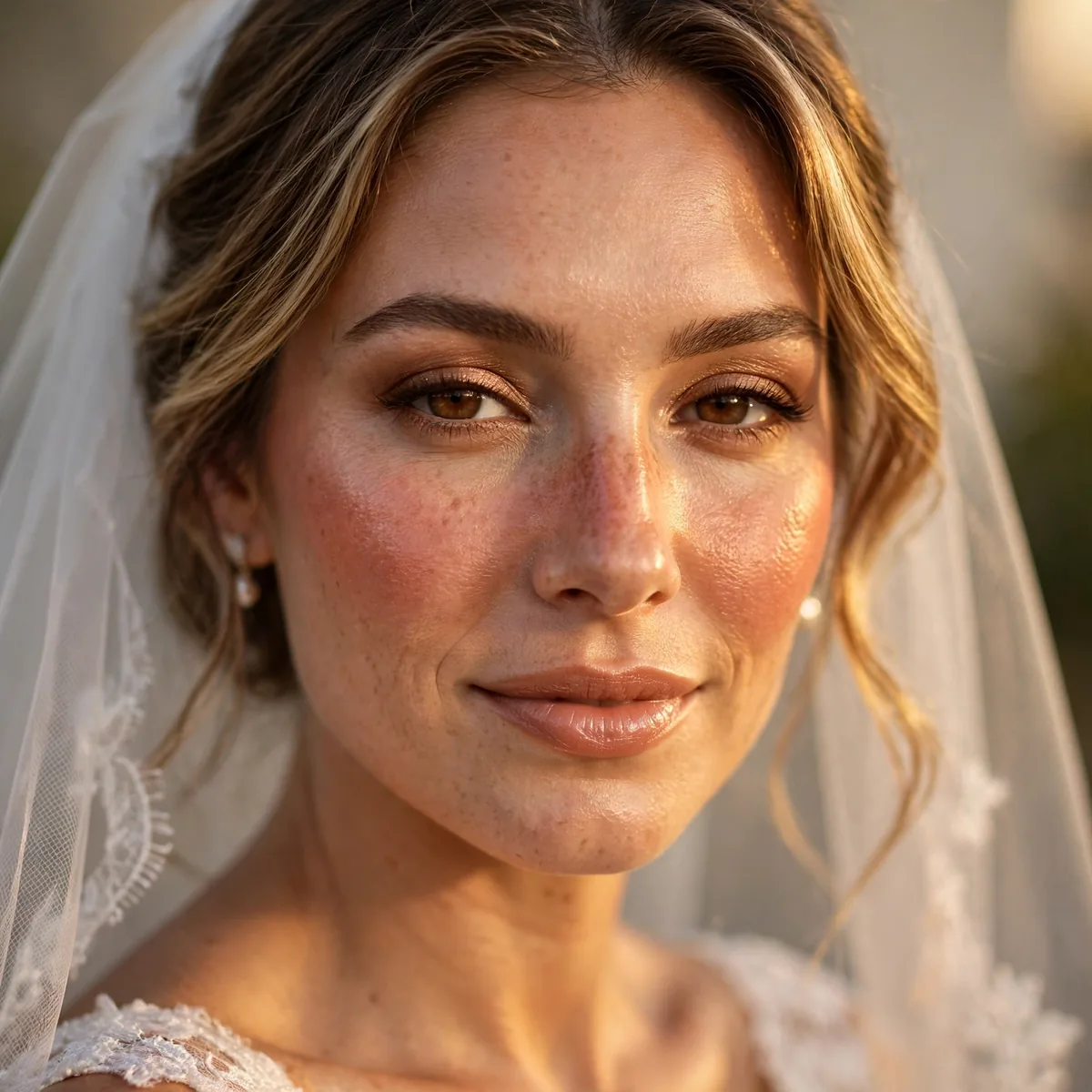 Bride with a warm golden blush swept across cheeks and nose