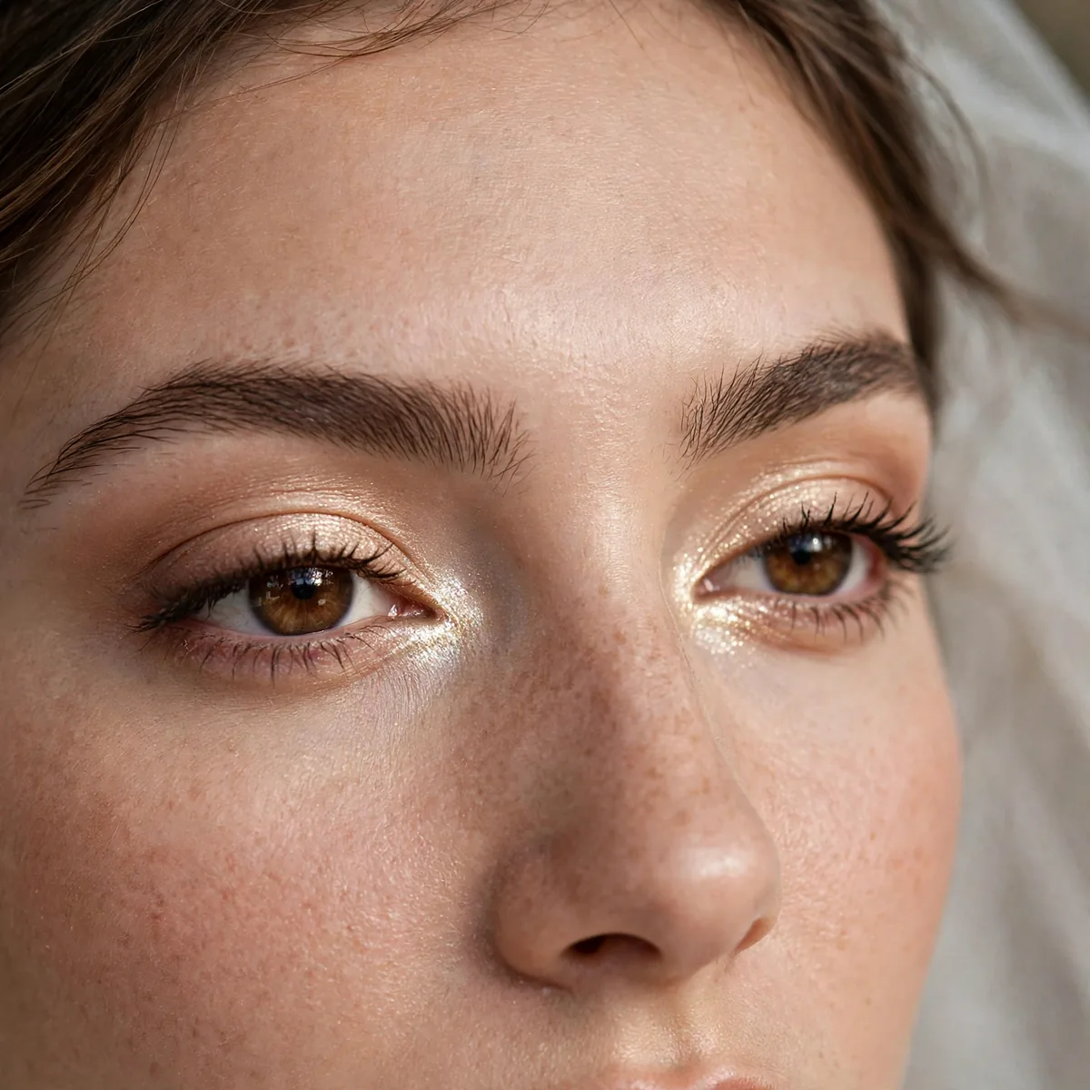 Bride's eyes with bright champagne highlighter at the inner corners