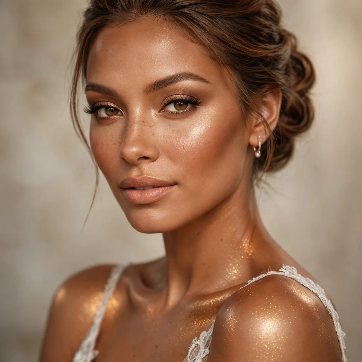 Bride with bronzed glowing skin and warm shimmer on shoulders