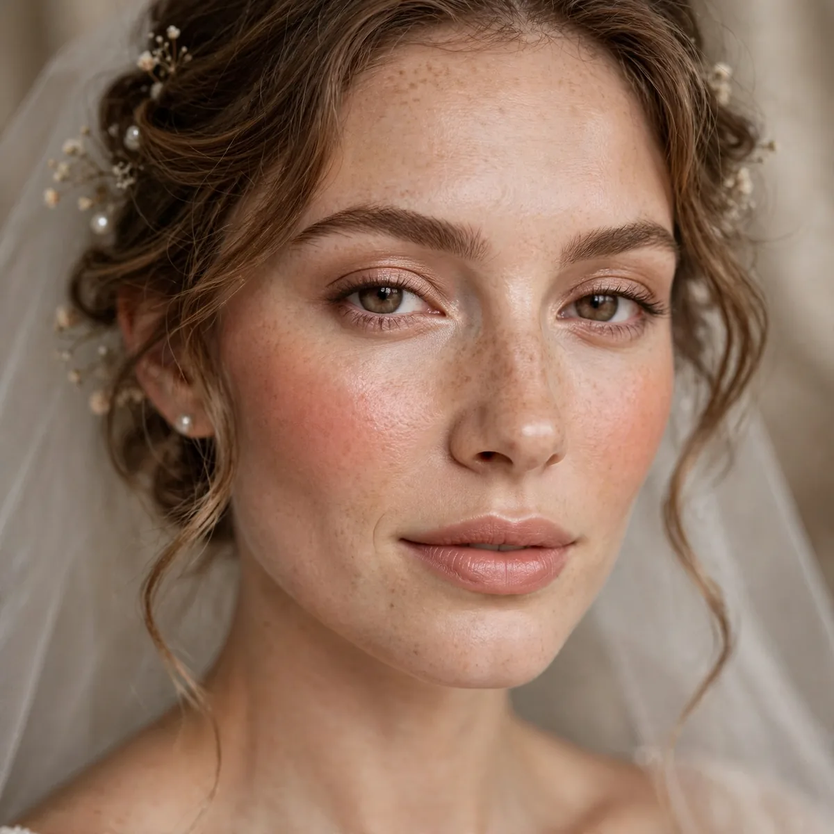 Bride with a natural apricot stain on cheeks that looks freshly flushed