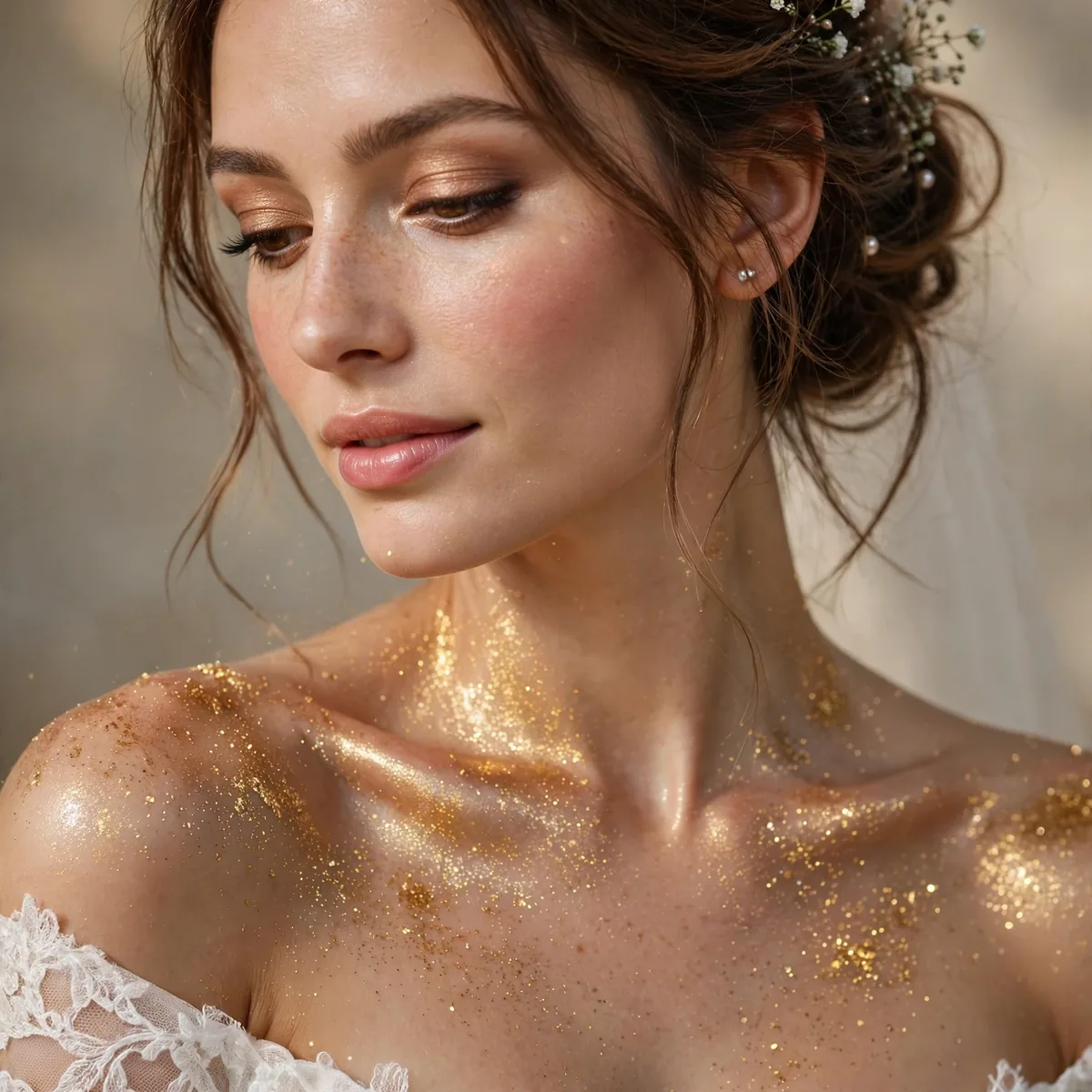 Bride's collarbones and shoulders dusted with golden shimmer