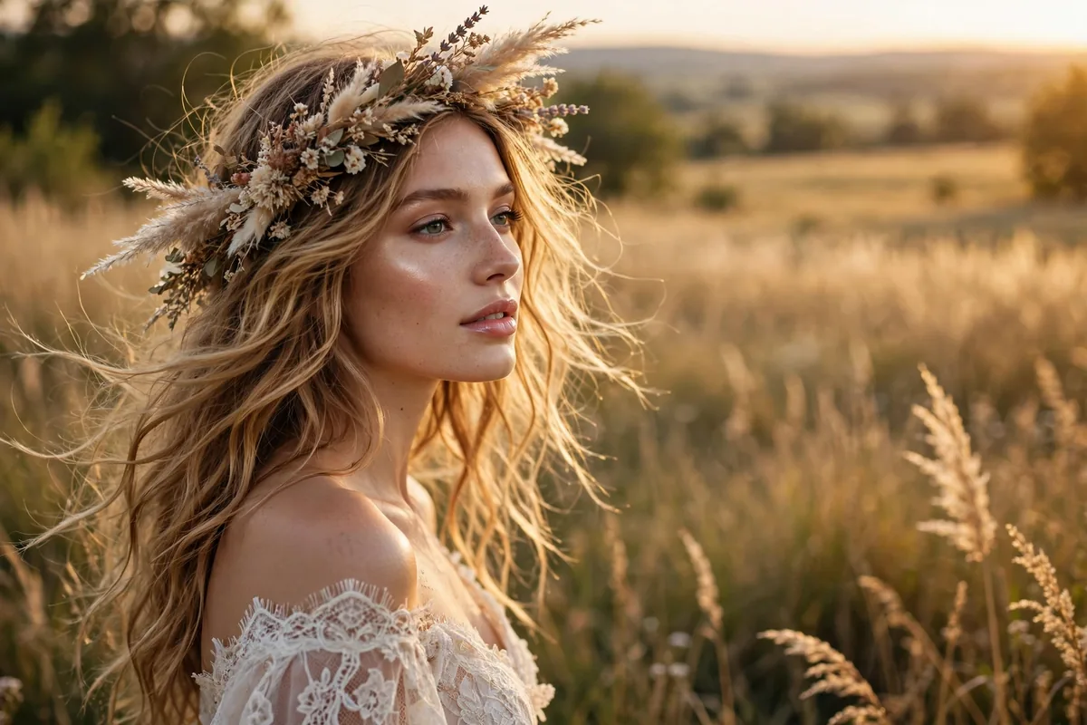 Bohemian bride with dewy glowing makeup and loose wavy hair in golden light