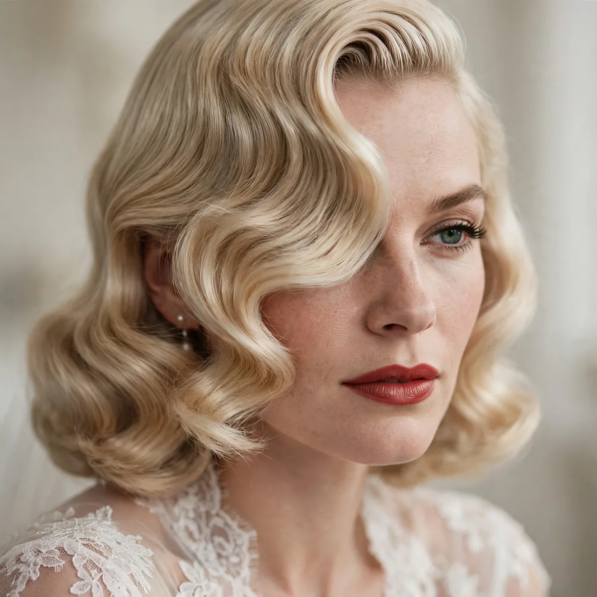 Bride with deep side part and Veronica Lake style waves over one eye