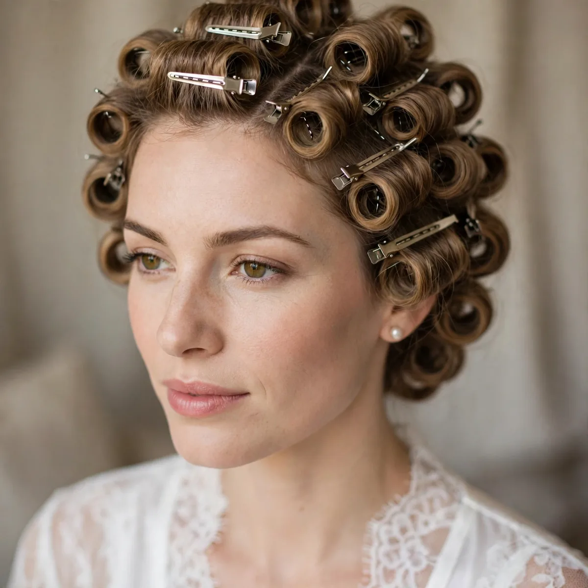 Bride's hair set in vintage pin curls before styling