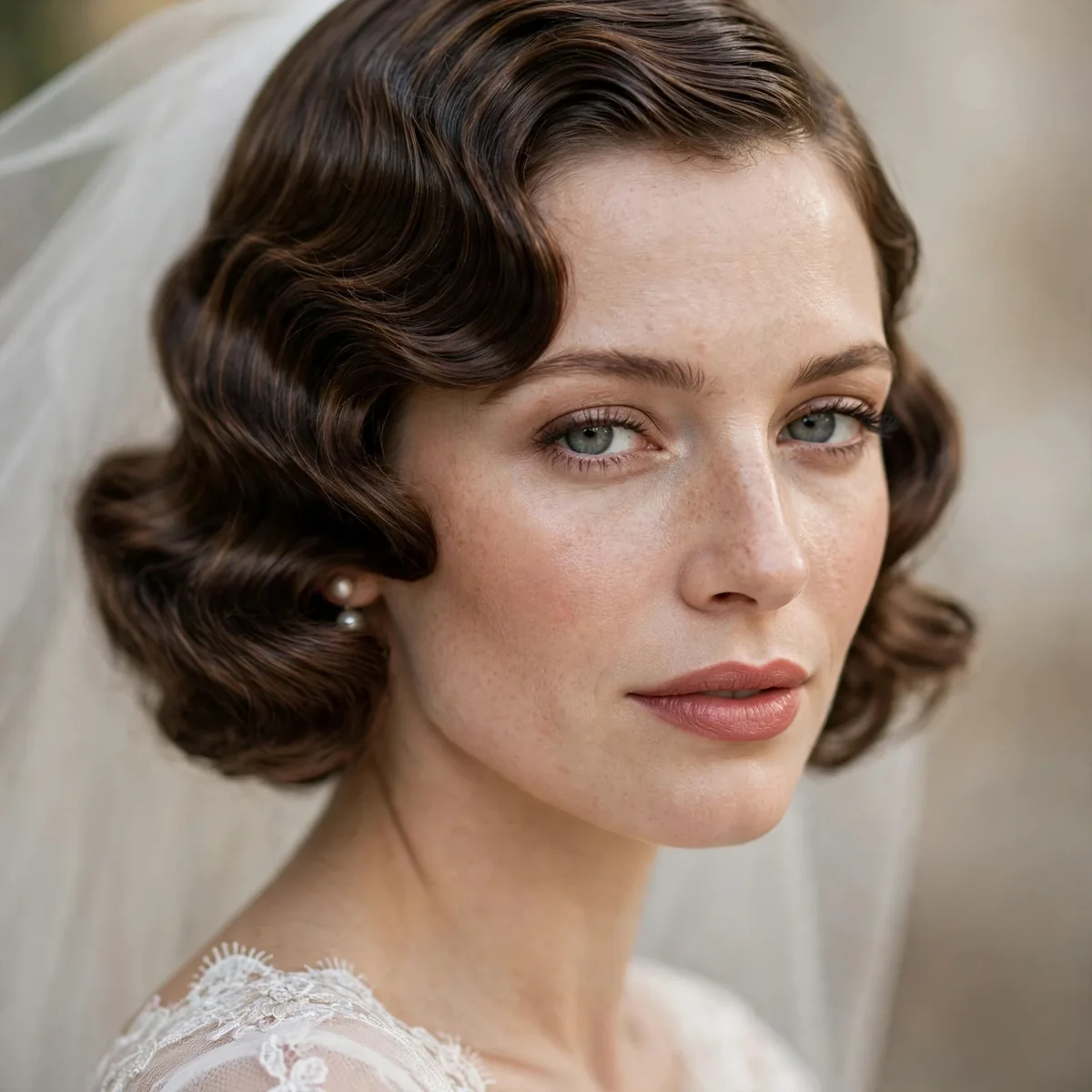 Bride with polished vintage marcel waves and a sleek finish