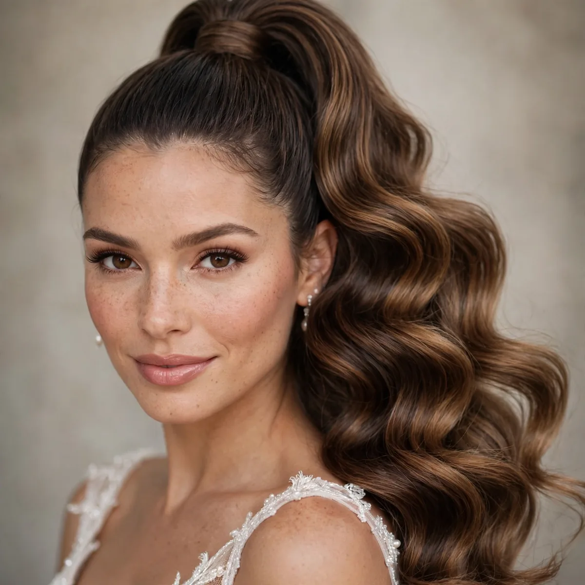 Bride wearing a high ponytail with cascading Hollywood waves