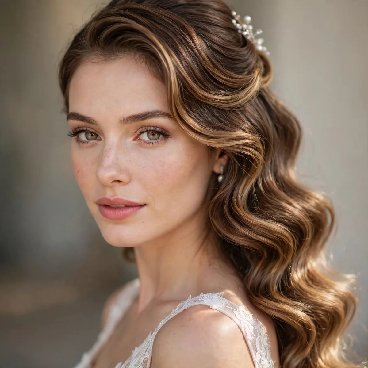 Bride with half-up hairstyle and flowing Hollywood waves