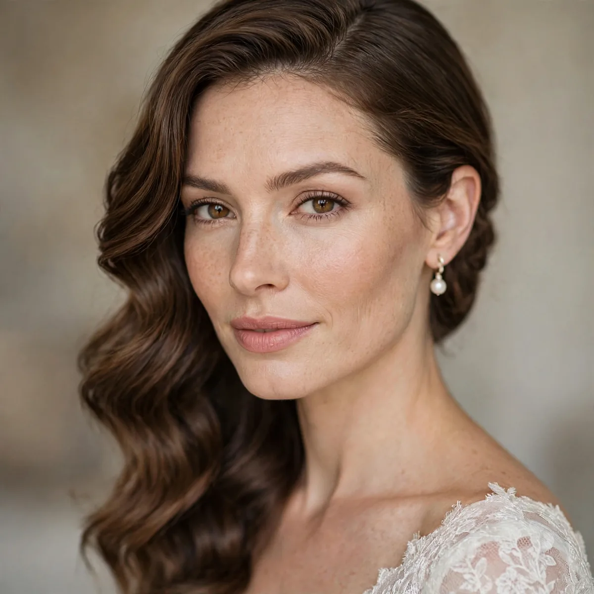 Bride with one side of waved hair tucked behind ear asymmetrically