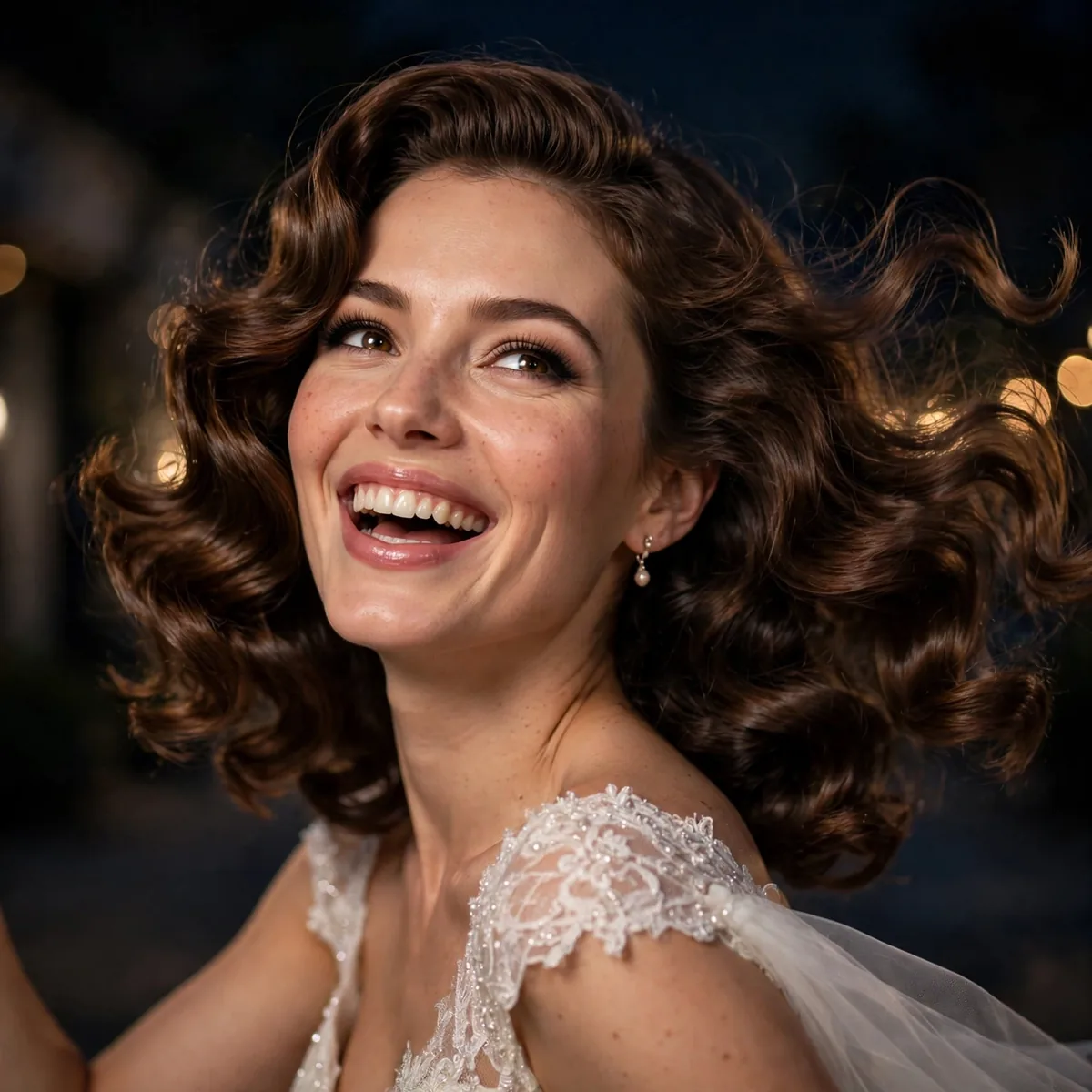 Bride dancing with Hollywood waves still perfect late at night