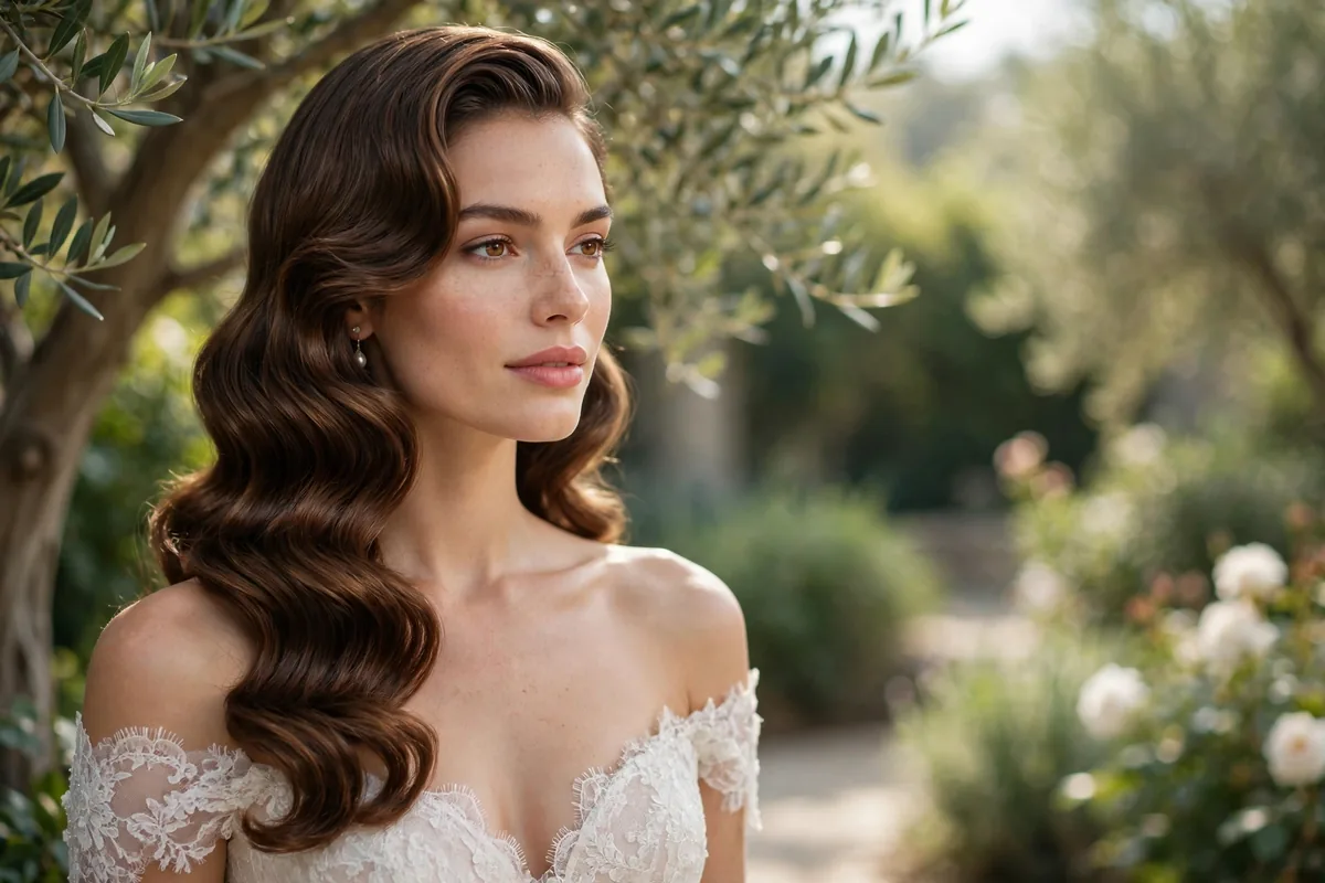 Bride with classic glossy Hollywood waves over one shoulder
