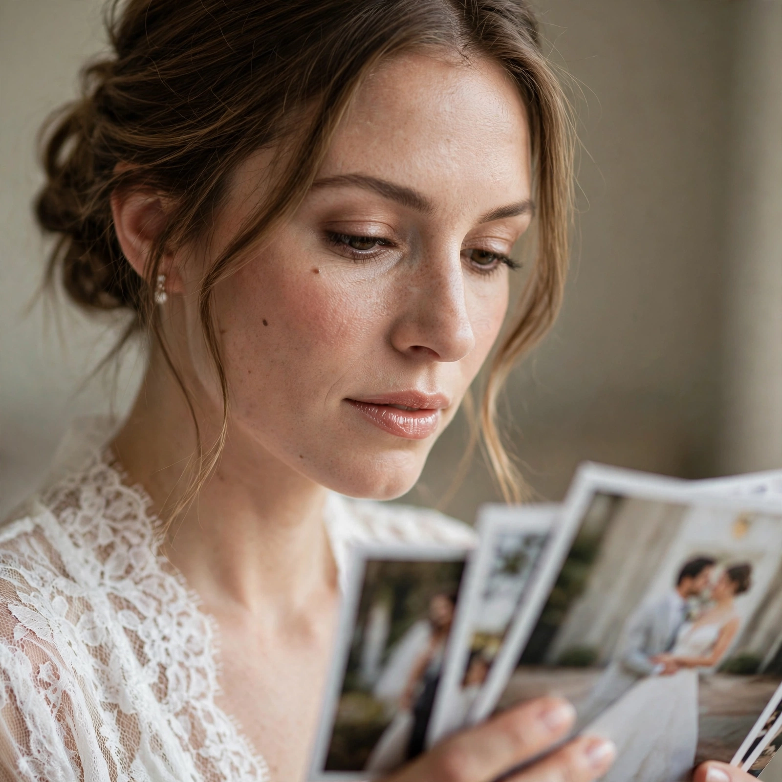 Bride looking at wedding photos