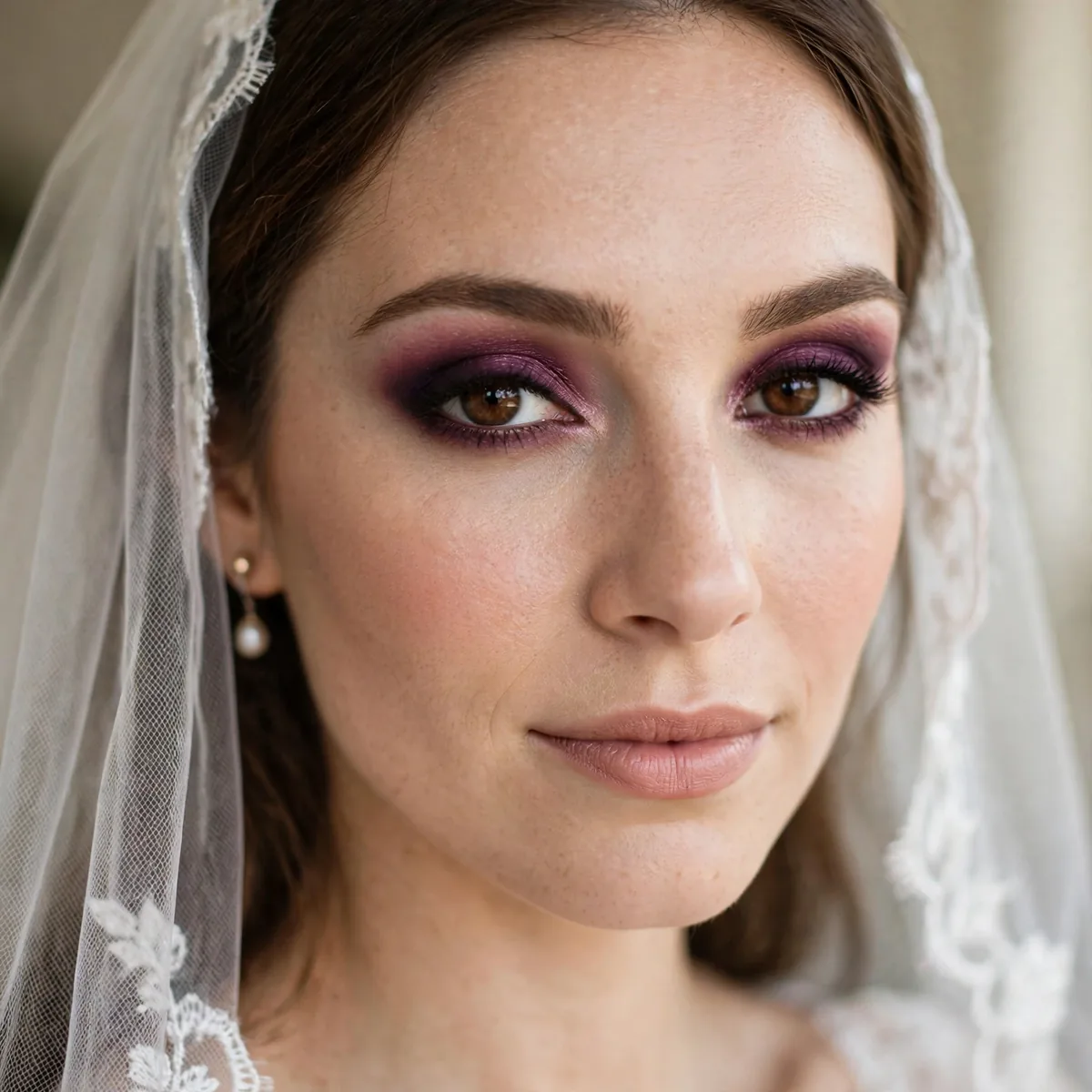 Bride wearing deep plum eyeshadow that contrasts with brown eyes