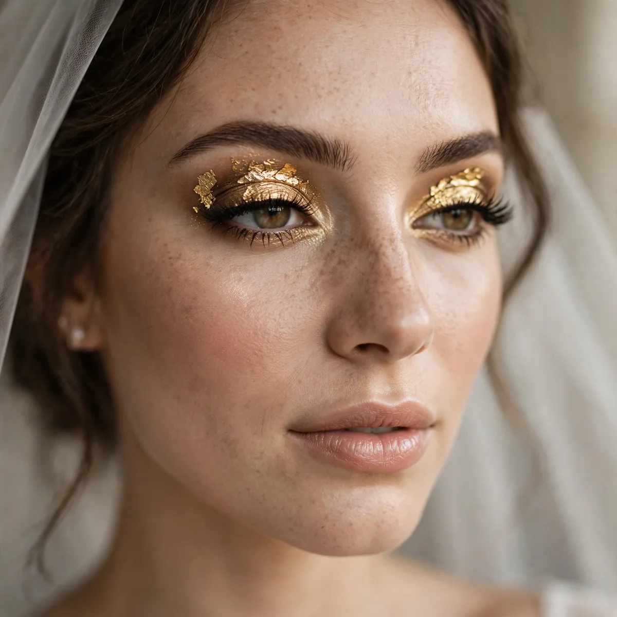Bride with burnished gold foiled eyeshadow on the lids