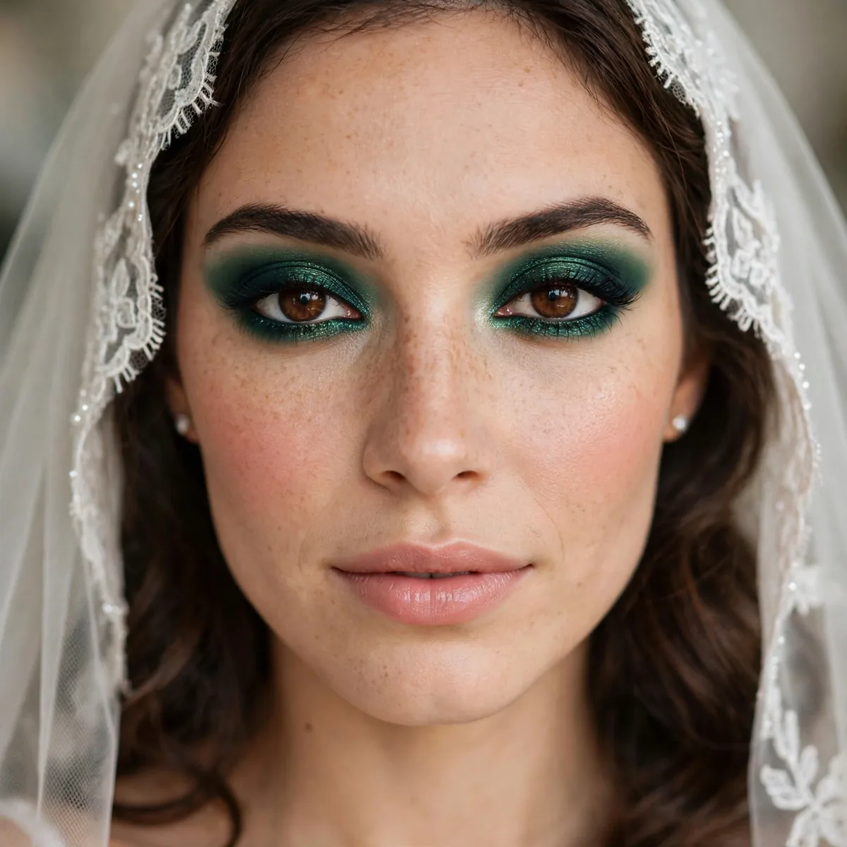 Bride with deep emerald eyeshadow creating contrast with brown eyes