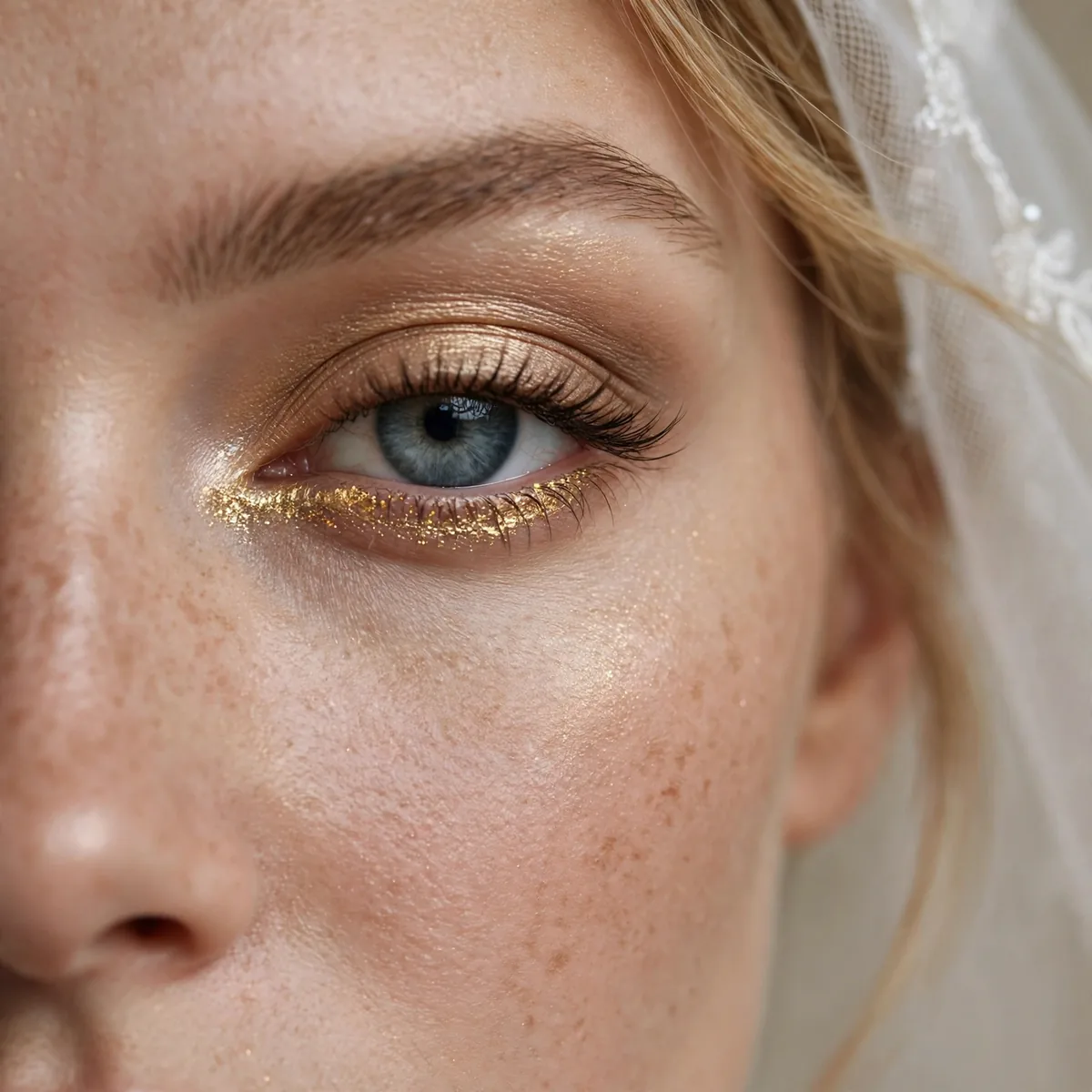 Close-up of gold shimmer along a bride's lower waterline