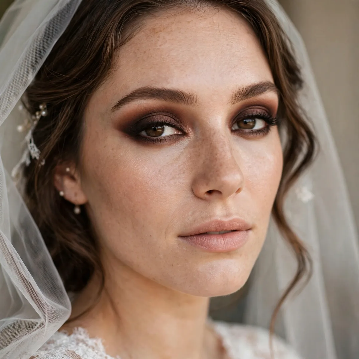 Bride with dark cocoa eyeshadow deepening the outer eye corners