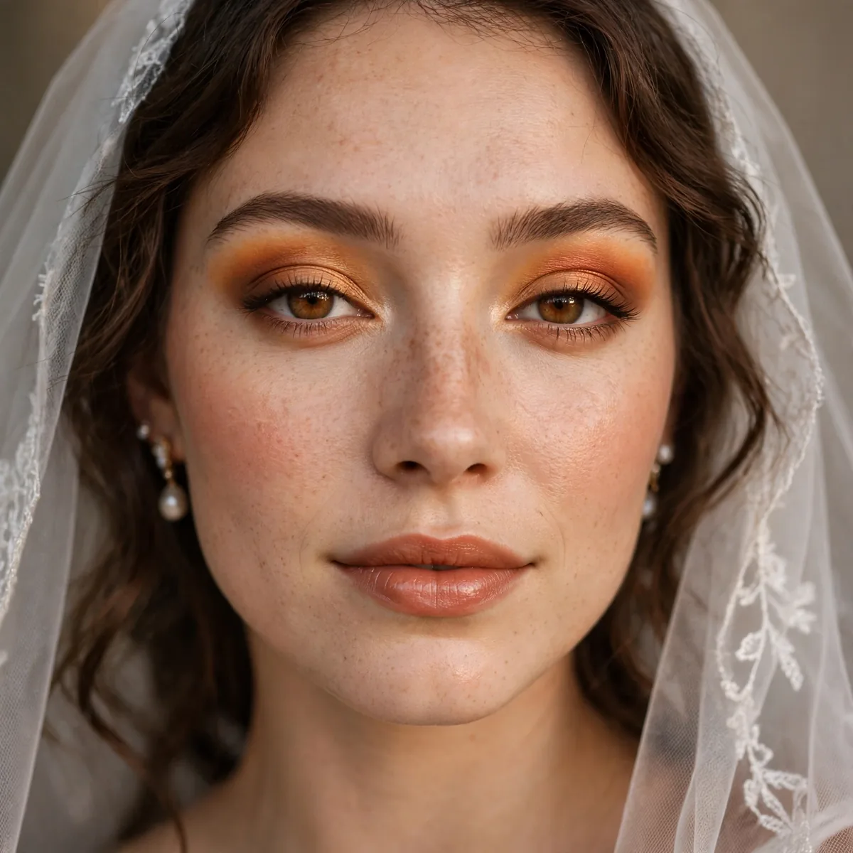 Bride with tawny sunset-toned eyeshadow in warm gradient