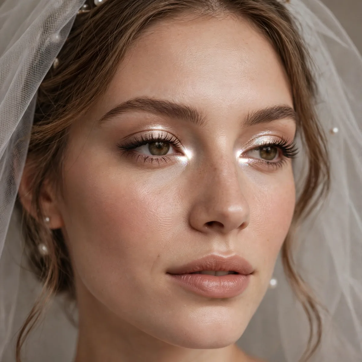 Bride with pearl shimmer glowing at the inner eye corners