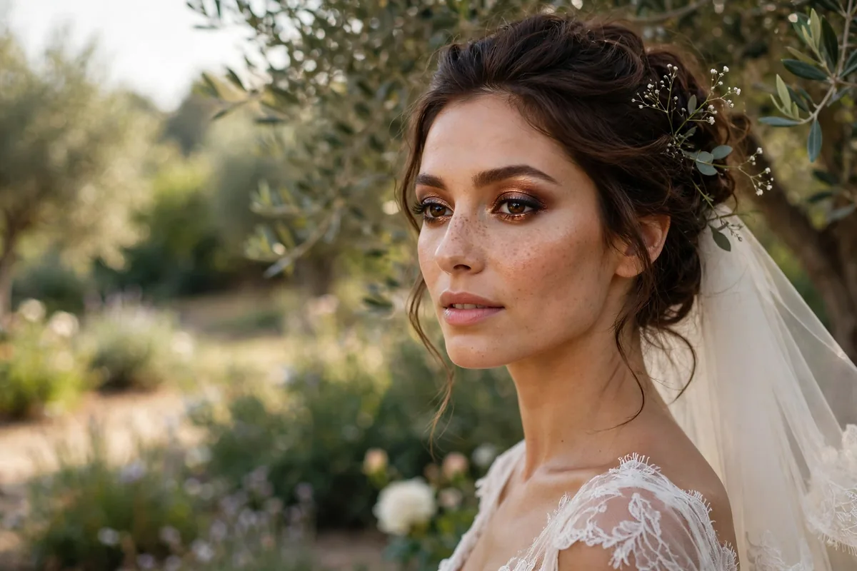 Bride with bronze eyeshadow enhancing her deep brown eyes