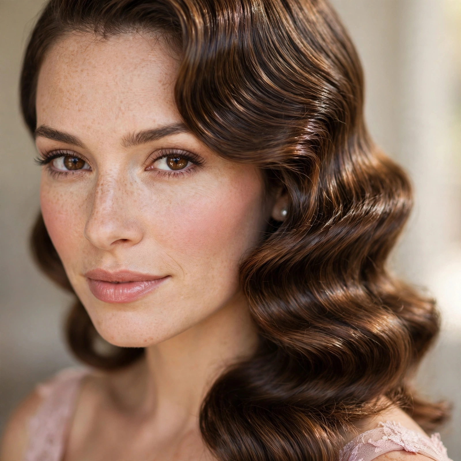 Polished Hollywood waves for a bridesmaid