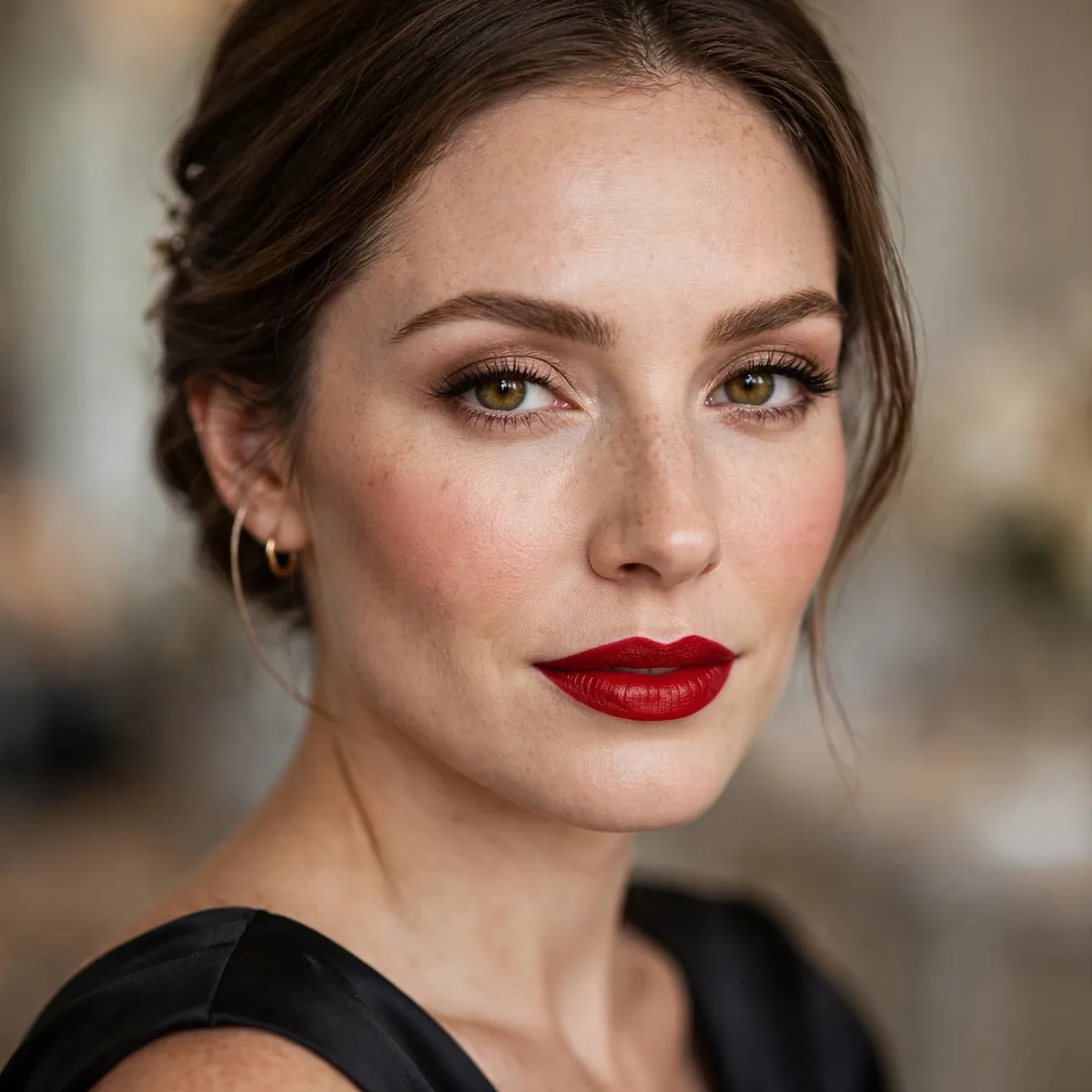 Bridesmaid in black dress wearing a classic red lipstick