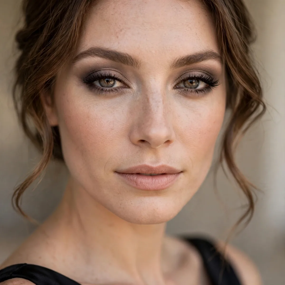 Bridesmaid with smoky taupe eyeshadow complementing black dress