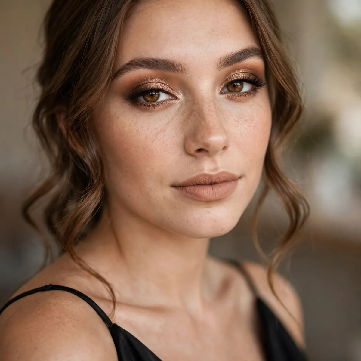 Bridesmaid with bronze eyeshadow and nude lips wearing black dress