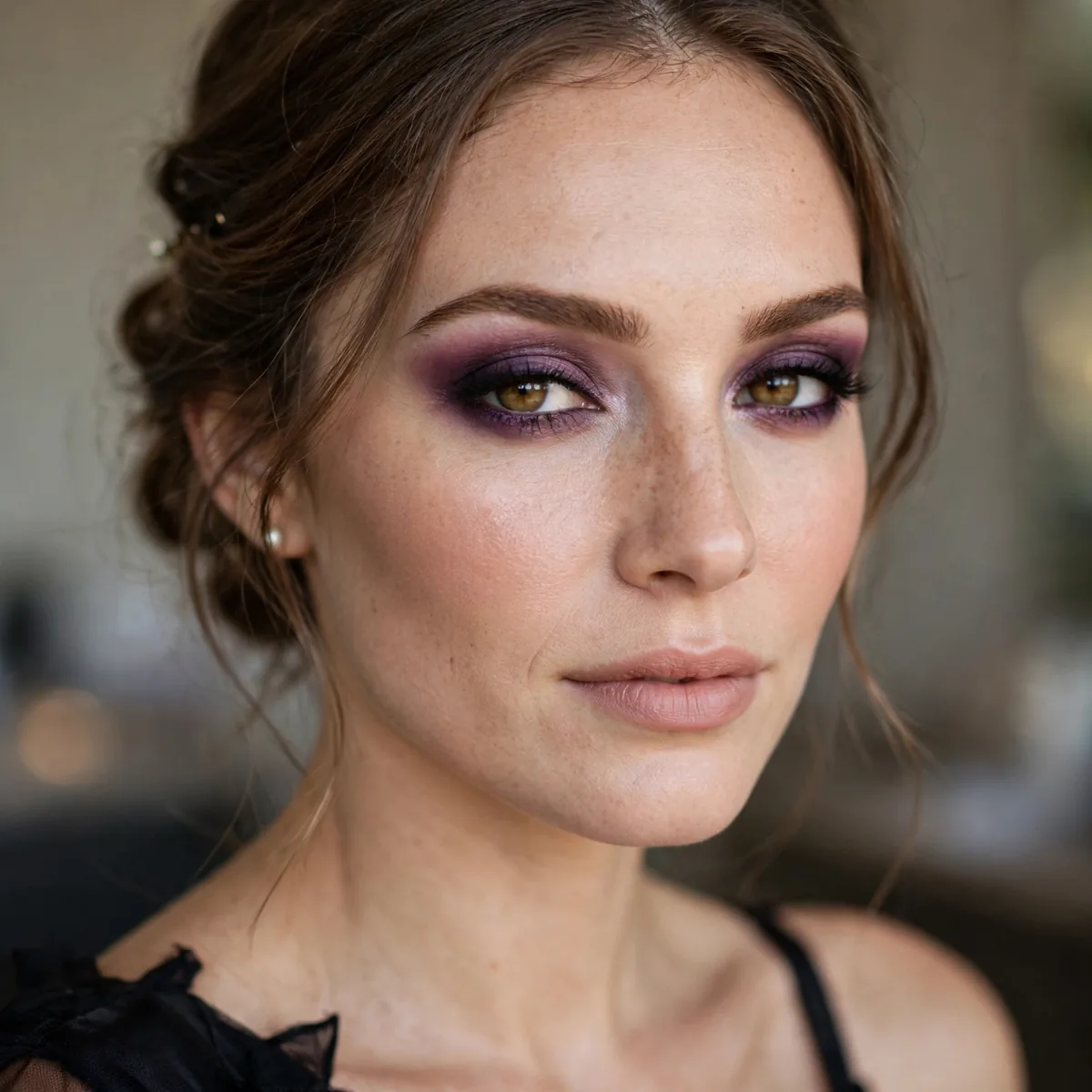 Bridesmaid with plum smoky eyeshadow and black dress