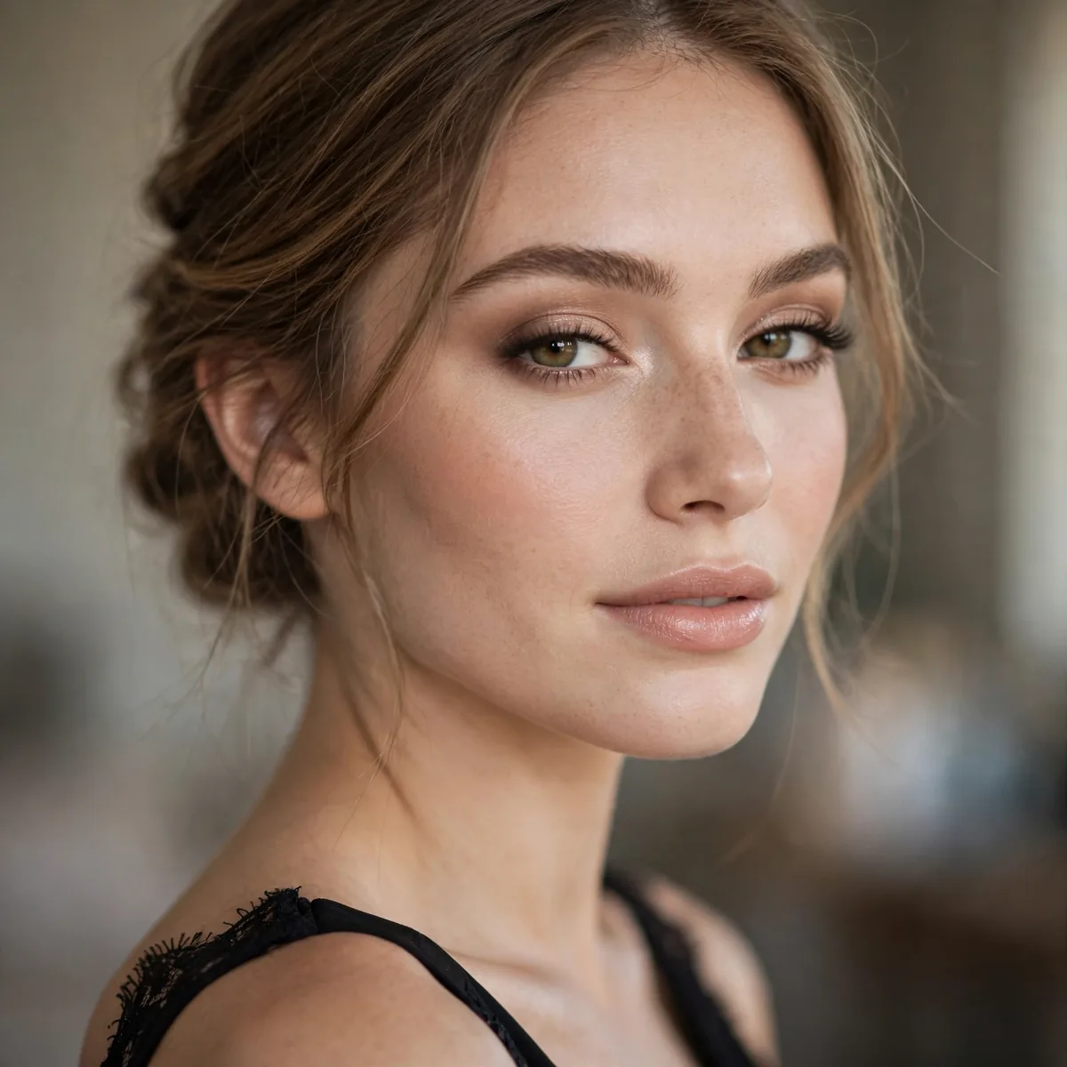 Bridesmaid with soft neutral glam makeup and black dress