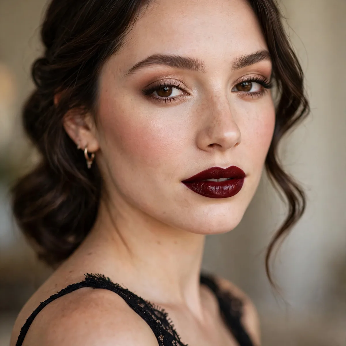 Bridesmaid wearing deep oxblood lipstick with black dress