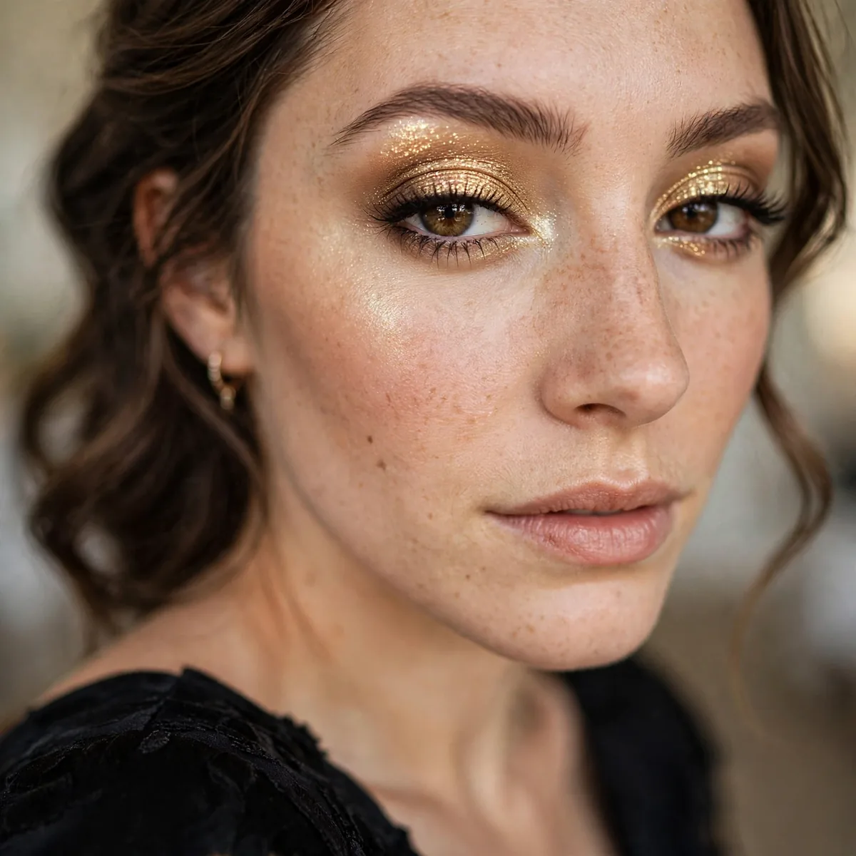 Bridesmaid with shimmering gold eyeshadow and black dress