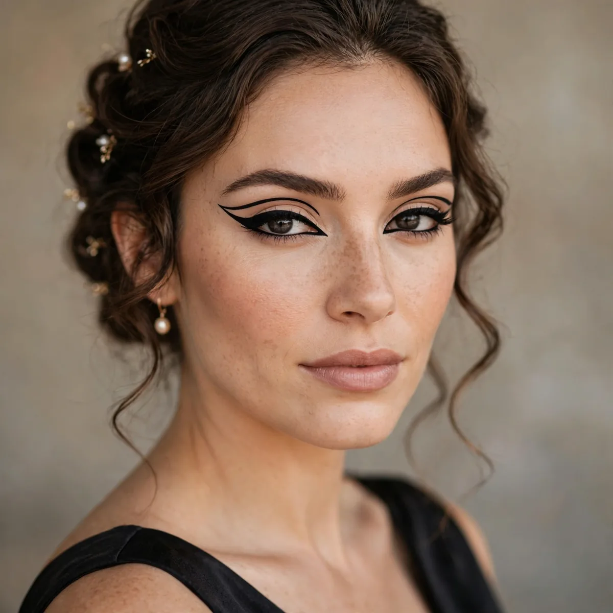 Bridesmaid with bold graphic eyeliner and black dress