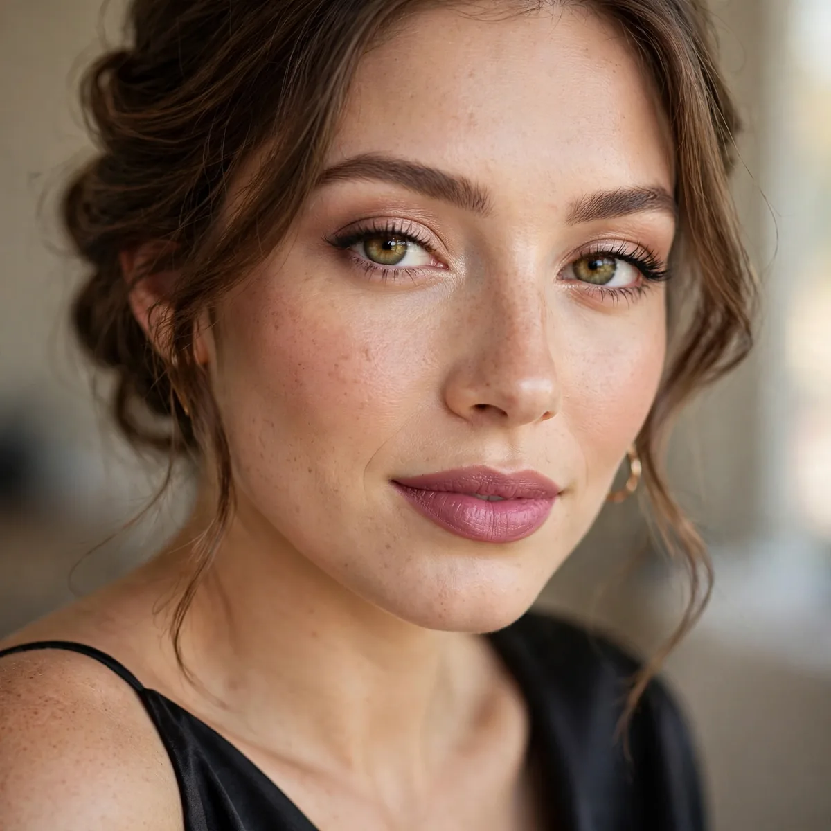 Bridesmaid wearing satin mauve lipstick with black dress