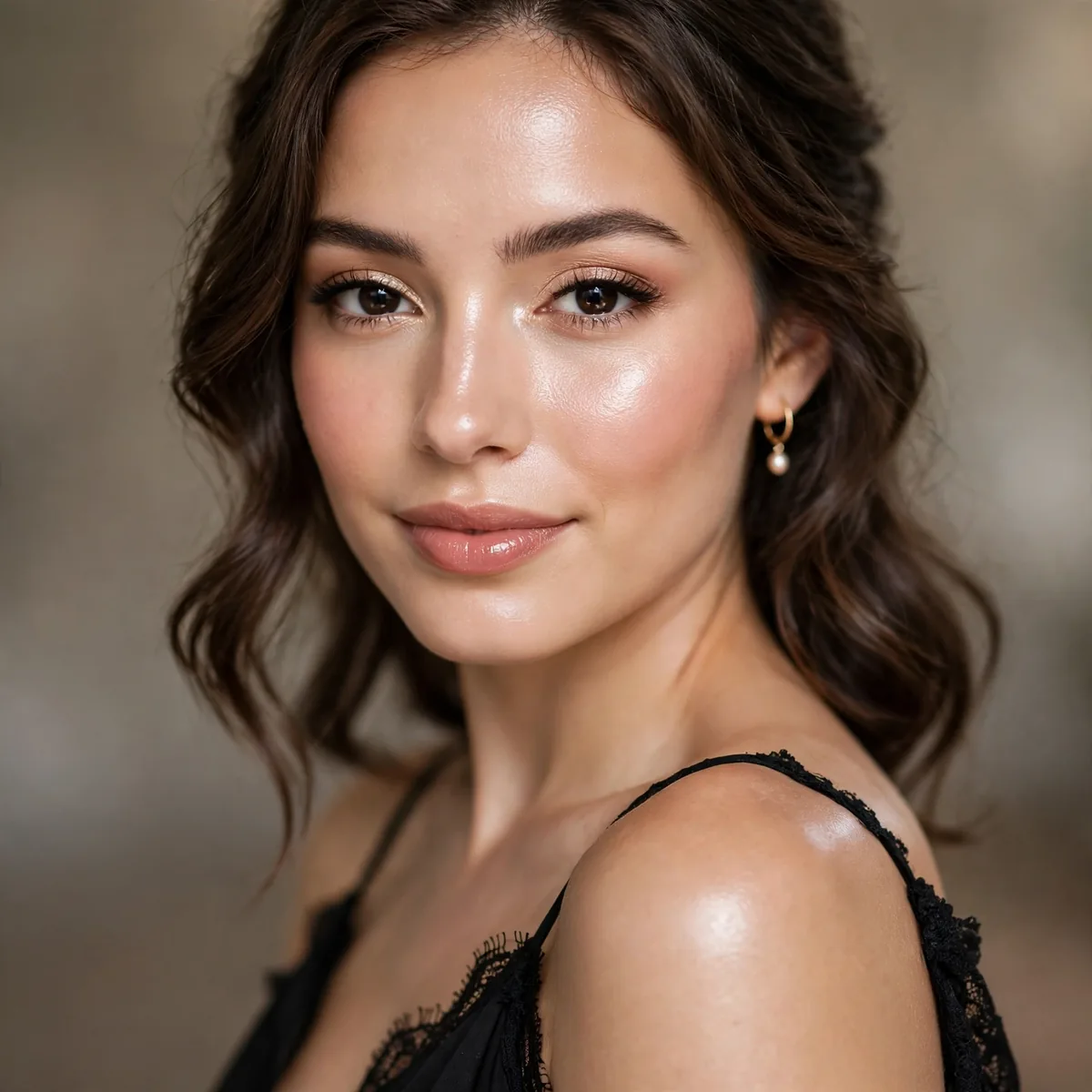 Bridesmaid with glossy highlighted luminous skin and black dress