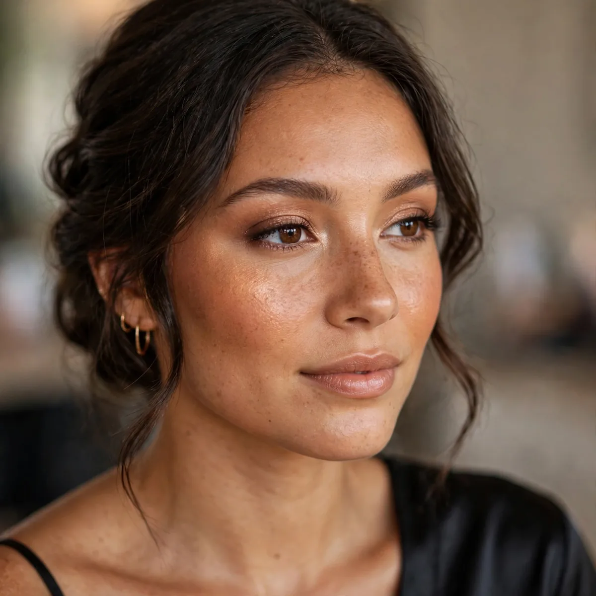 Bridesmaid with warm bronzed cheeks and black dress