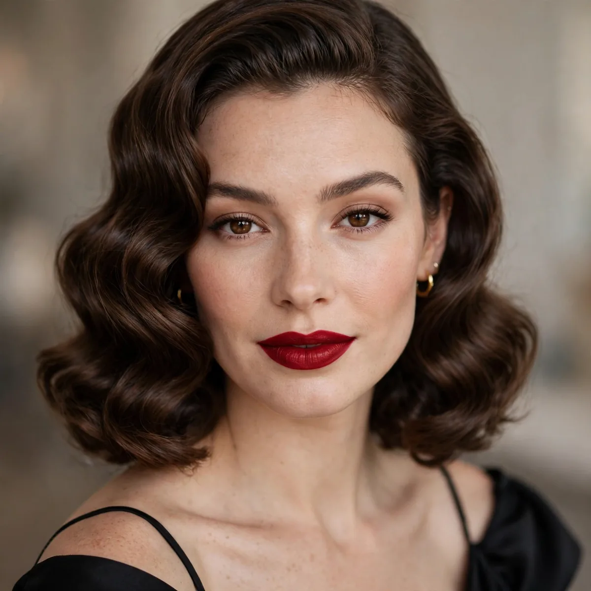 Bridesmaid with timeless Hollywood red lips and waves wearing black dress
