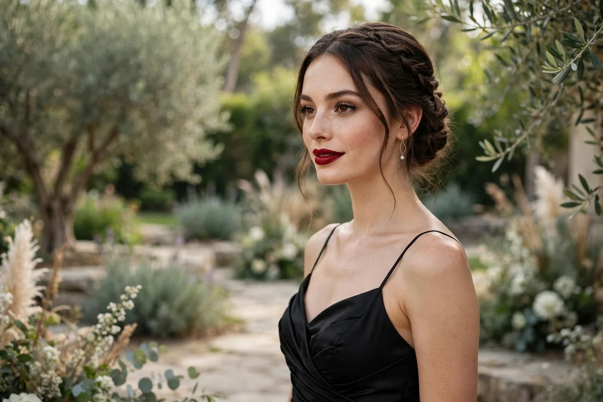 Bridesmaid in a black dress with elegant red lip makeup