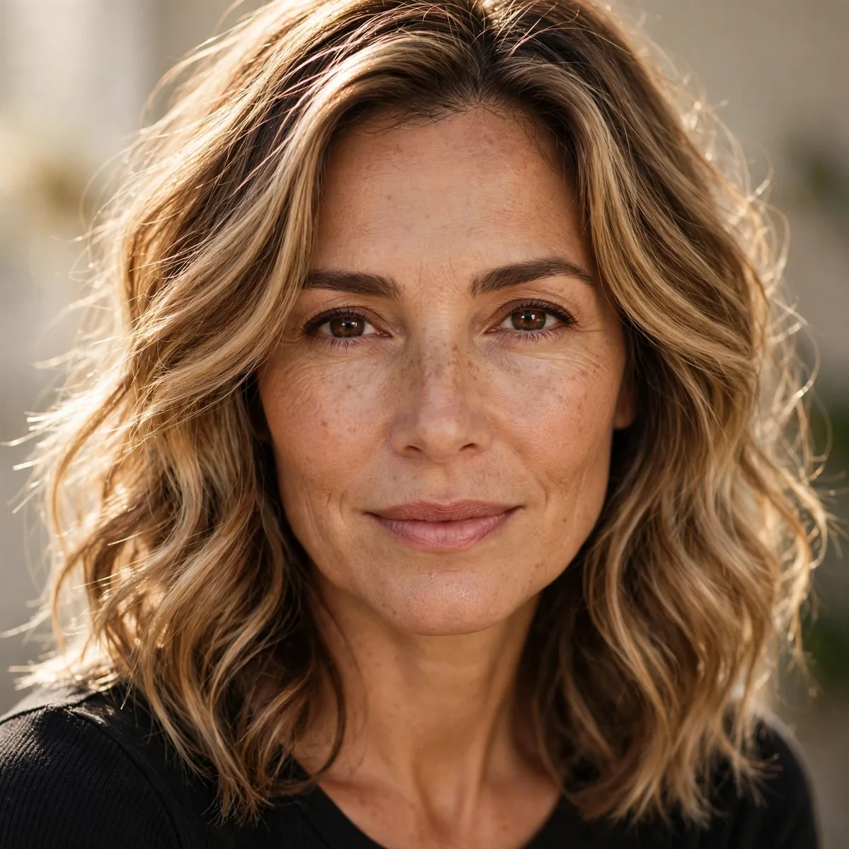 Woman over 40 with soft sunlit bronde hair in natural waves