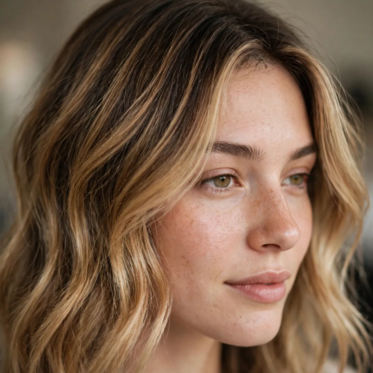 Close-up of honey bronde root melt blending seamlessly